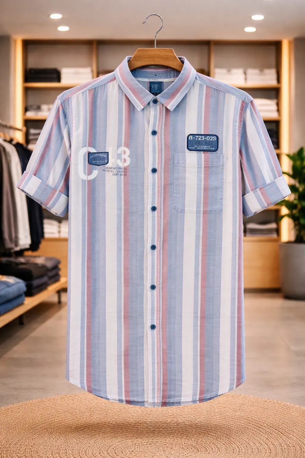 Men's Blue and Pink Striped Short-Sleeve Shirt